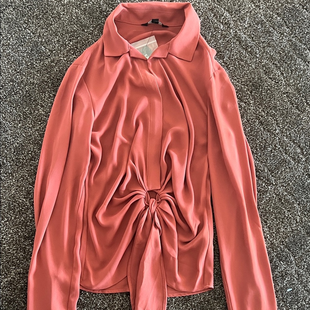 Express Coral Tie-Front Button Down Blouse